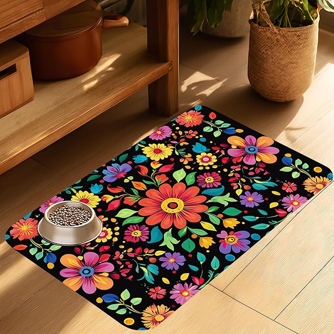 Colorful Mexican Floral Pet Feeding Mat-Quick Dry Absorbent Dog Cat Food Mat, Anti-Slip Water Bowl Mats for Messy Eaters-No Stains Indoor Pet Accessories 16"x24"