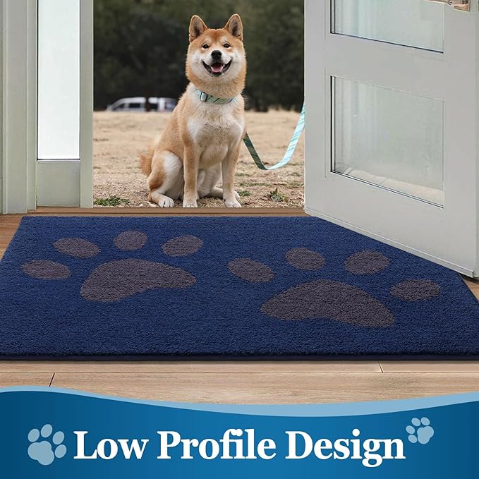 Buganda Dog Door Mat for Muddy Paws, Absorbent Dirt Trapper Washable Indoor Doormats, Non Slip Low-Profile Mud Mat for Dogs, Front Entrance Doormat for Inside Floor (48x30 Inches, Navy)