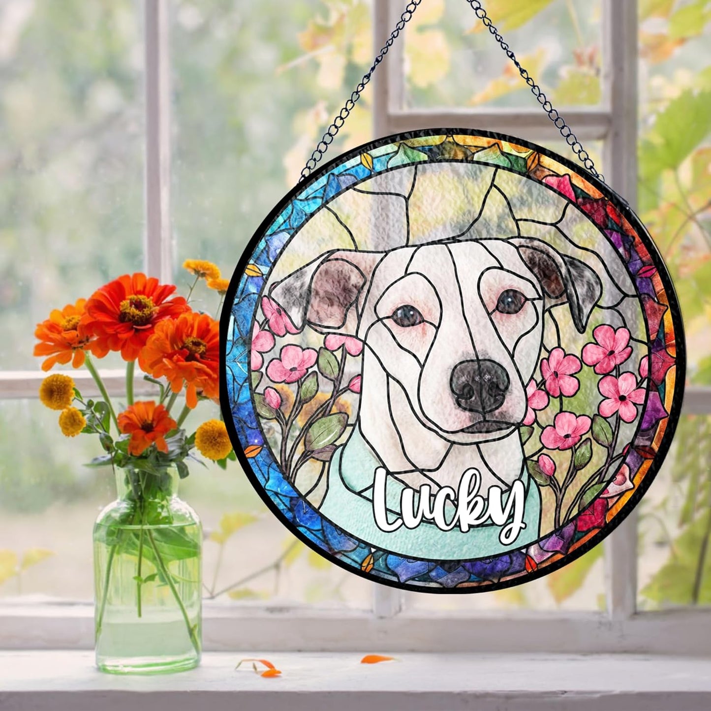 Lovely POD Personalized Pet Ornament Remembrance, Pet Stained Glass Suncatcher, Gifts for Fur Lovers, Custom Name Dog Photo Memorial Ornament Window Hanging, Home Decor, Gift for Loss of Pet Dog Cat