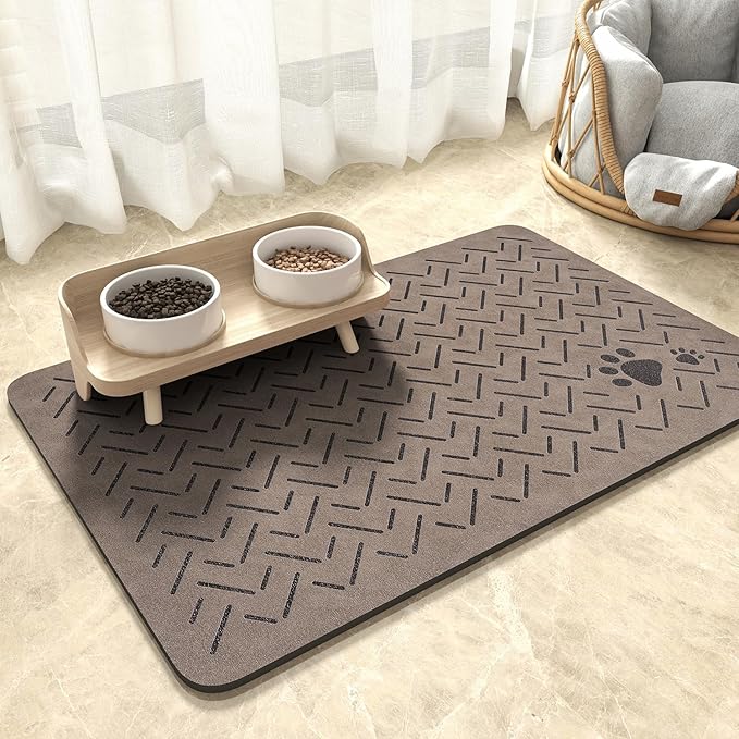 MontVoo-Absorbent Pet Feeding Mat-No Stains Quick Dry Dog Mat for Food and Water Bowl-Rubber Backing Dispenser Mat Accessories Supplies-Dog Bowl Messy Drinkers,Brown
