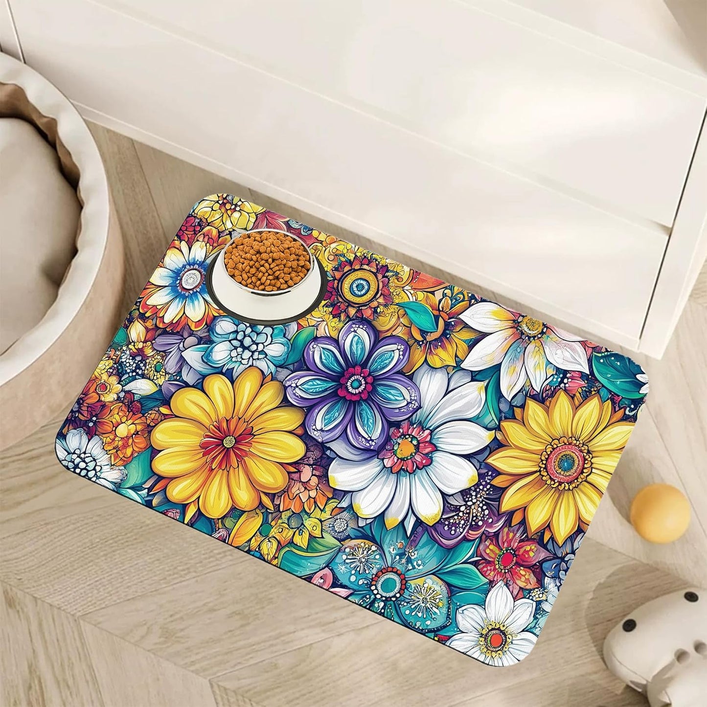 Floral Dog Food Mat for Floors,Cute Mandala Flower Absorbent Quick-Dry Pet Feeding Mat,Cat Dog Bowl Mats for Food and Water,Non-Slip Pet Accessories Supplies 16"x24"