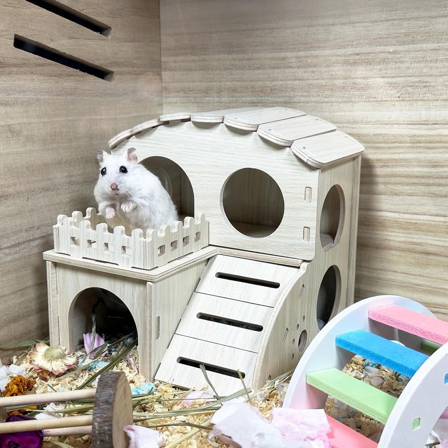 Hamster Wood House Wooden Hamster Hideout Maze Double-Decker Huts with Climbing Ladder for Syrian Dwarf Gerbil Mouse