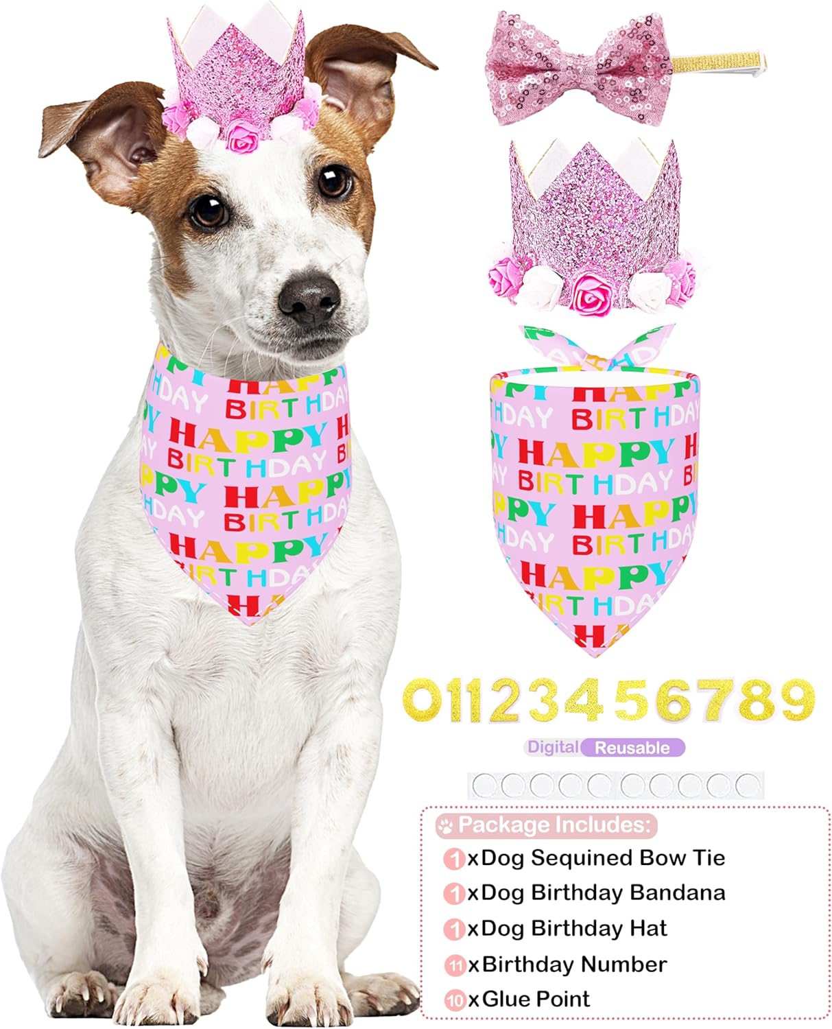 PET SHOW Pink Floral Hat, Bandana & Collar Bows Charms Set - Dog, Cat, Rabbit, Pig Birthday Gift - Reusable Adjustable Hat with 0-9 Figures, Pink for Girls - Apparel