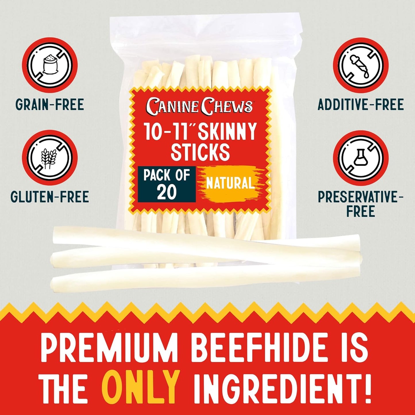 Canine Chews 10-11" Retriever Stick Rolls Rawhide for Dogs Skinny Sticks for Small Aggressive Chewing Dogs (20 Pack)