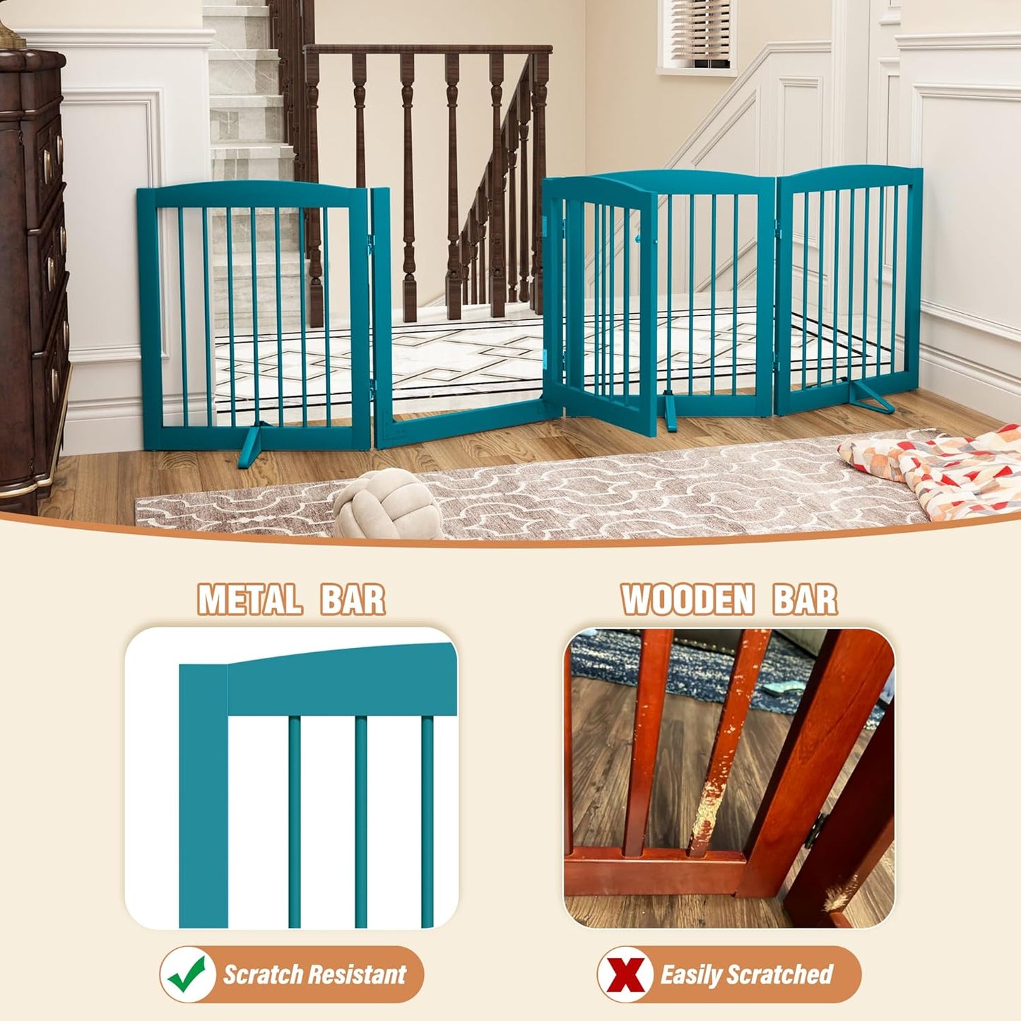 Freestanding Dog Gate with Door, Pet Gate for Stairs, 80 inch Wide Pet Barrier Indoor, Dog Fences Indoor, Support Feet Included, 4 Panels, 24" Tall, Blue