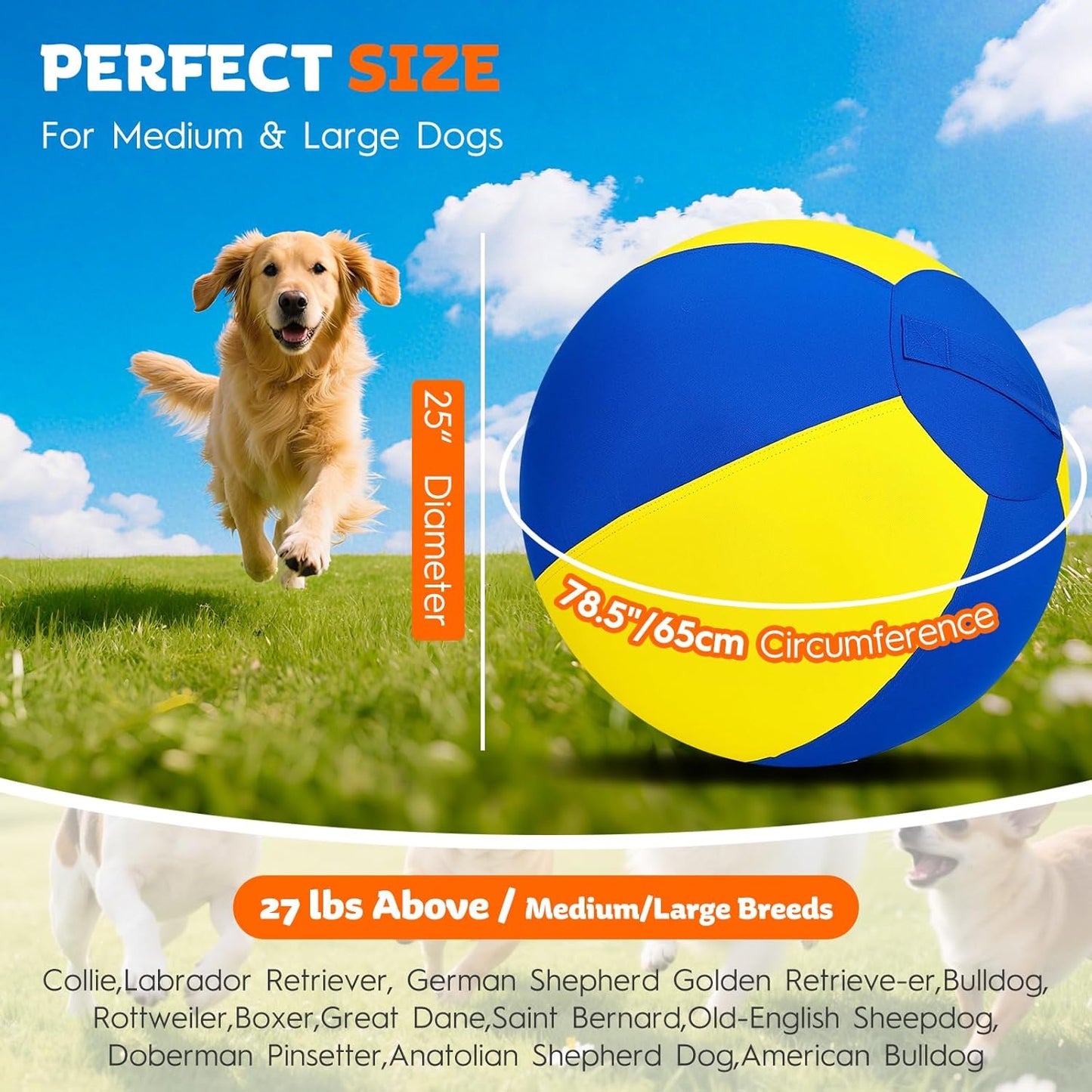 Herding Ball for Dogs-25 Jolly Ball for Dogs, Herding for Australian/German Shepherd, Collies, and All Herding Breeds, Improved Bite-Resistant, Reinforced Sewing Dog Toys-Yellow/Large