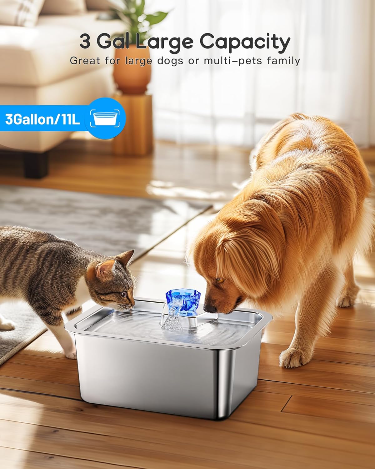 Large Dog Water Fountain Dispenser - 3 Gallon Stainless Steel Pet Water Fountain with 4 Filters for Large Dogs, Automatic Big Dog Water Bowl Dispenser Drinking for Multi-pet, Easy to Clean, Quiet Pump