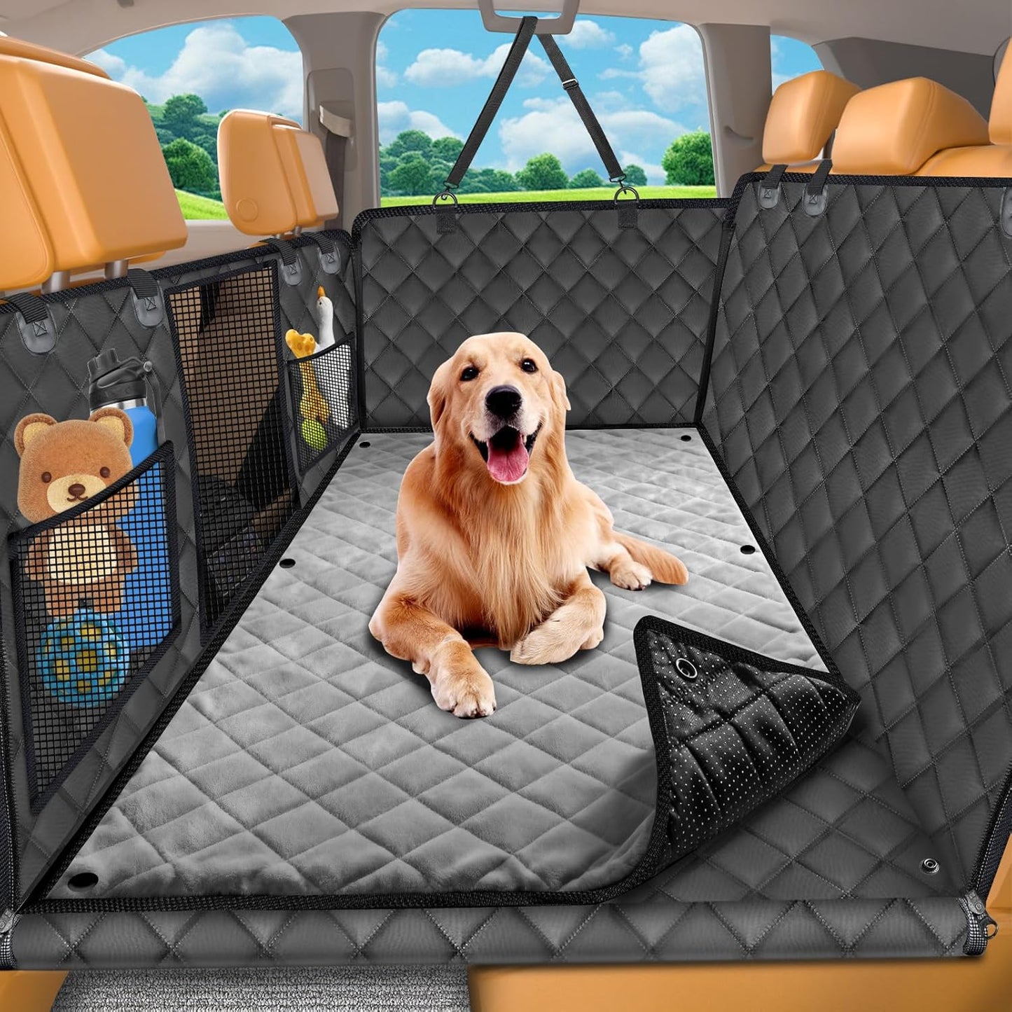 URPOWER Dogs Back Seat Extender with Non-Slip Blanket - Hard Bottom Dog Car Seat Cover & Removable Dog Bed Mat, Waterproof Dogs Hammock for Car, SUV & Small Truck, Pet Backseat Protector Holds 420lbs