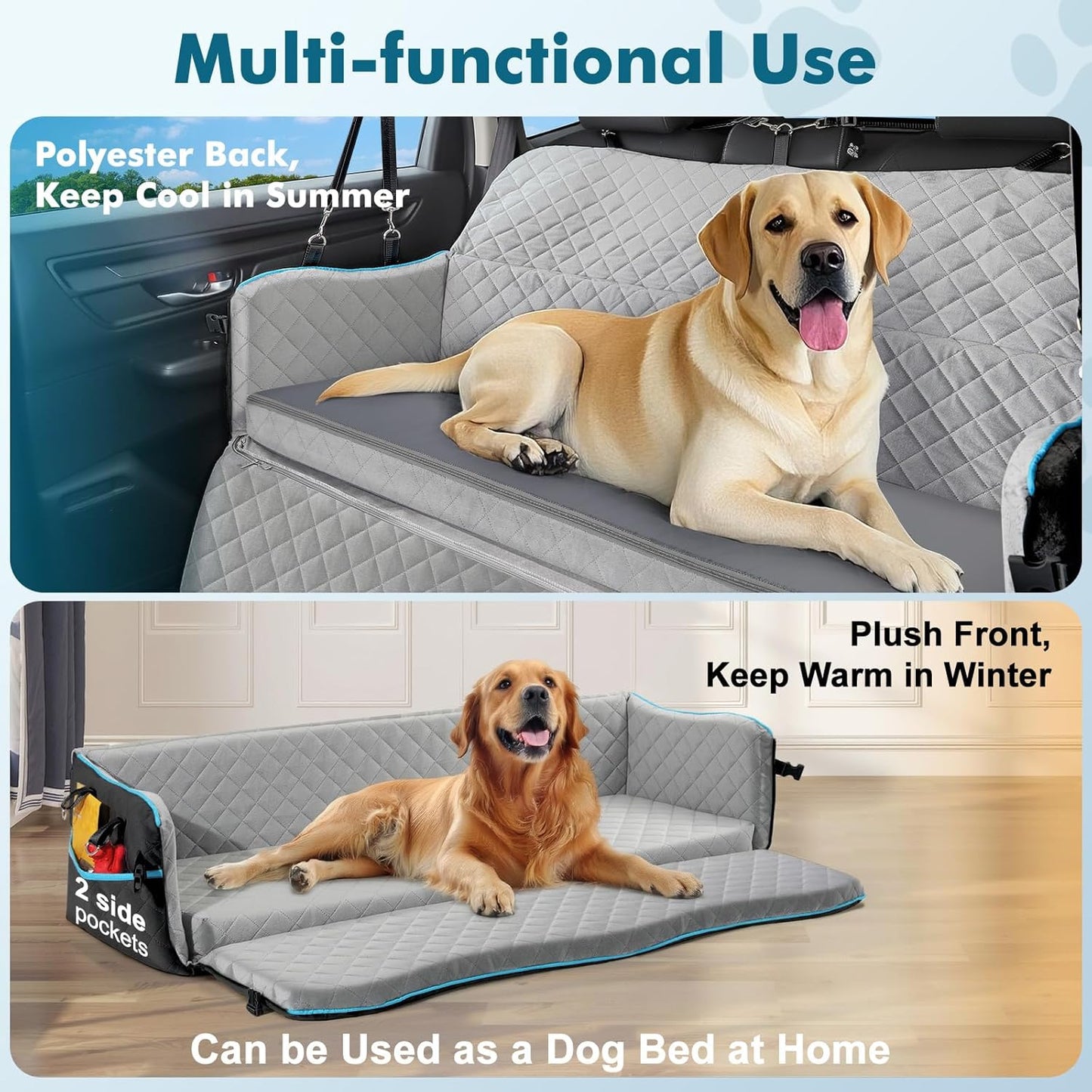 Large Dog Car Seat, Dog Car Bed for Large Dogs Under 120lbs, Pet Booster Seat with Thick Cushion and 2 Safety Leashes, Detachable & Washable Pet Bed for Backseat, Black & Gray