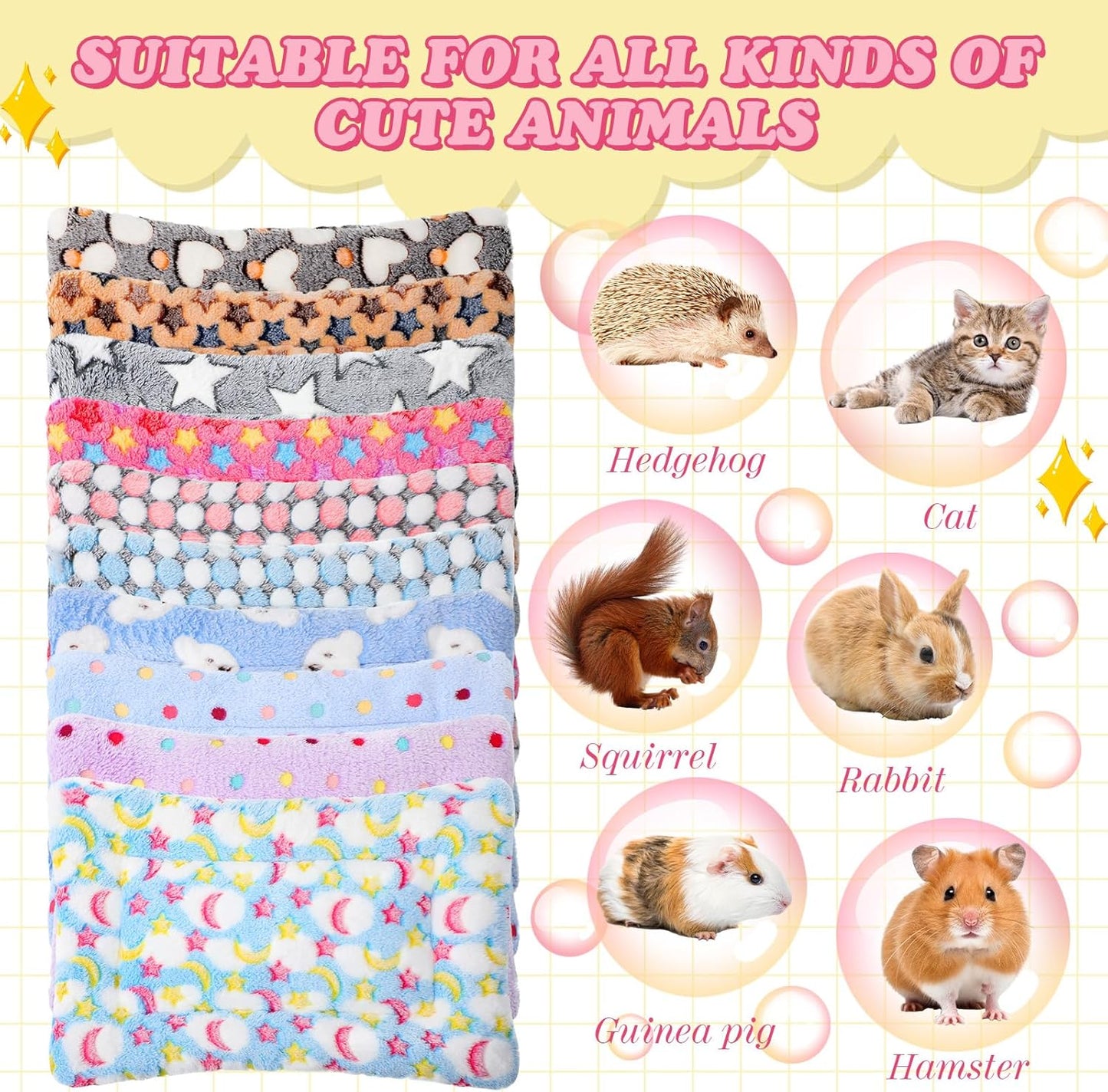 Tudomro 10 Pcs Guinea Pig Bed Mat with Cleaning Dustpan Brush 15" x 11" Animal Bedding Fleece Bunny Sleeping Pad for Small Dogs Cats Rats Hedgehogs Ferrets Hamster Indoor(Dots Star)