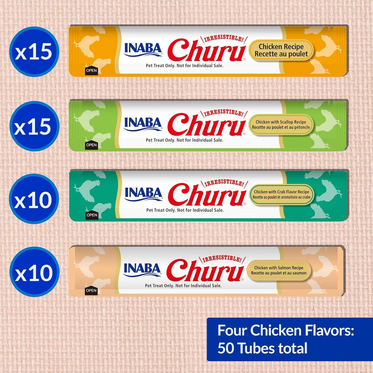 INABA Churu Cat Treats, Grain-Free, Lickable, Squeezable Creamy Purée Cat Treat/Topper with Vitamin E & Taurine, Each 0.5 Ounce (Pack of 50), 50 Tubes, Chicken & Seafood Variety