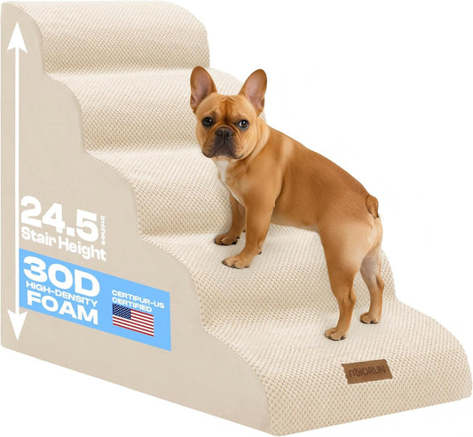 Dog Stairs for High Beds, Extra Tall 24.5" 5-Step Pet Steps for Medium & Small Dogs, Foam Ramp for Tall Couch & Bed, Washable Cover - Dog Steps for Bed