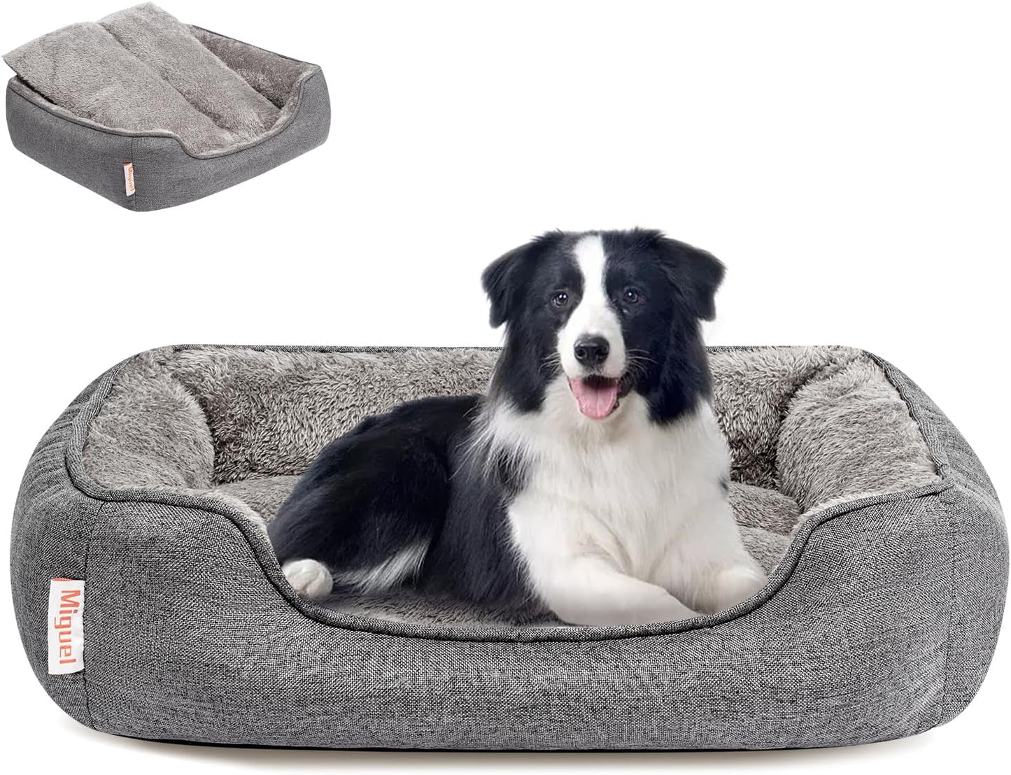 Miguel Faux Linen Dog Bed with Removable Cushion Pillow for Medium Small Dogs, Washable Pet Bed with Side Easy to Wash Puppy Bed, Rectangle Cat Bed for Indoor Cat with Anti-Slip Bottom, Gray 35 Inch