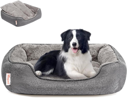 Miguel Faux Linen Dog Bed with Removable Cushion Pillow for Medium Small Dogs, Washable Pet Bed with Side Easy to Wash Puppy Bed, Rectangle Cat Bed for Indoor Cat with Anti-Slip Bottom, Gray 35 Inch