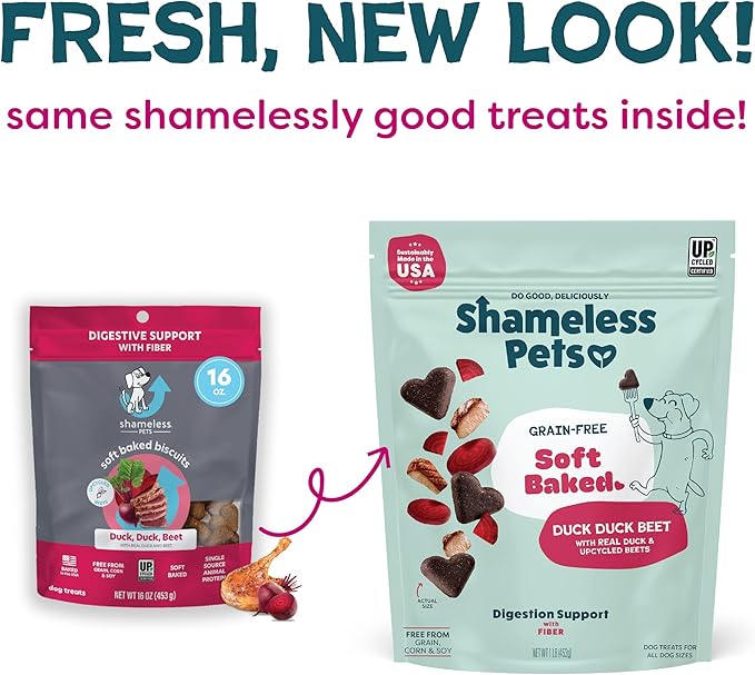 Shameless Pets Soft-Baked Dog Treats, Duck Duck Beet - Natural & Healthy Chews for Digestive Support with Fiber - Doggie Biscuits Baked & Made in USA, Free from Grain, Corn & Soy - 1-Pack