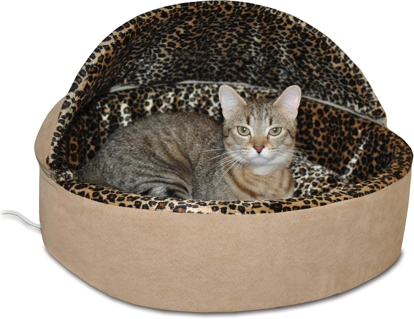 K&H Pet Products Thermo-Kitty Bed Deluxe Heated Cat Bed for Smaller Kitties - Indoor Heated Pet Bed for Dogs & Cats, Covered Cave Pet Tent, Machine Washable, Safety Listed - Small 16in Tan/Leopard