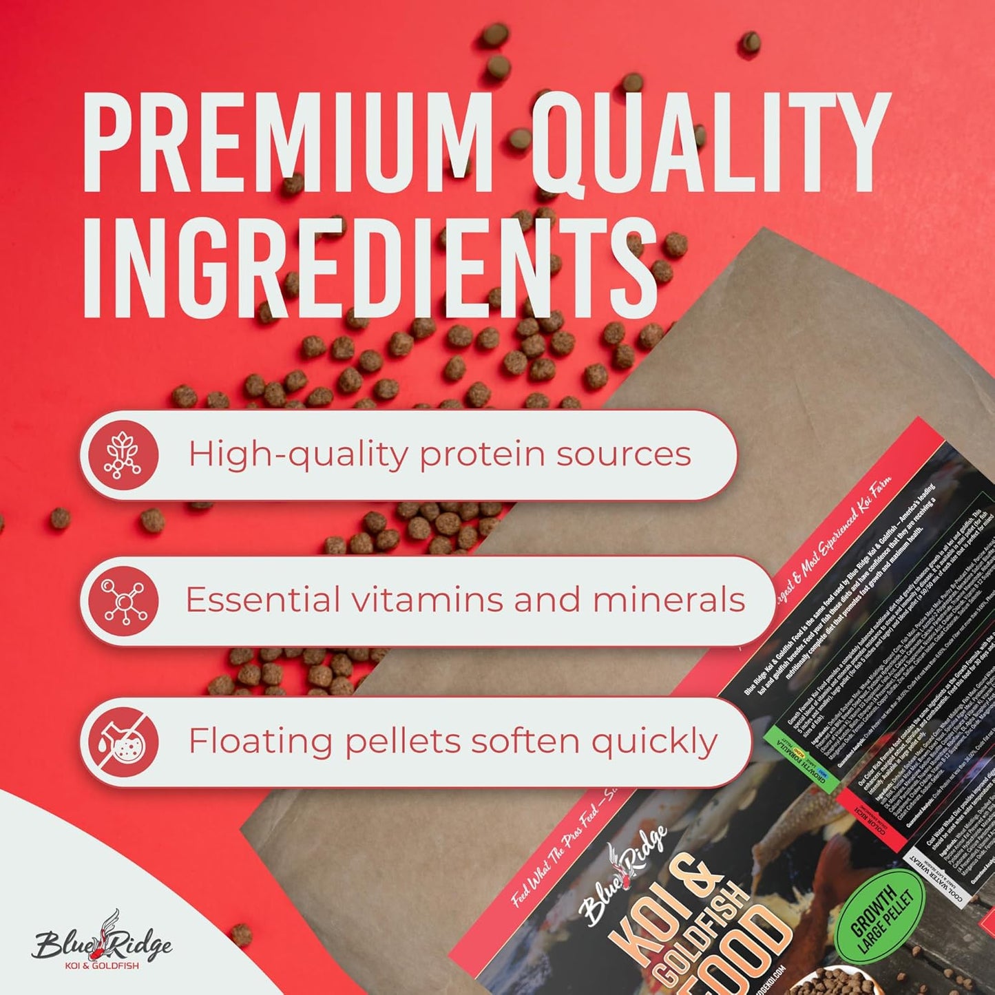 Blue Ridge Koi Fish Food 50lb - Koi Food Large 3/16" Growth Formula, Goldfish Food, Premium Fish Food for Ponds, Ponds Fish Food, Floating Pond Pellets