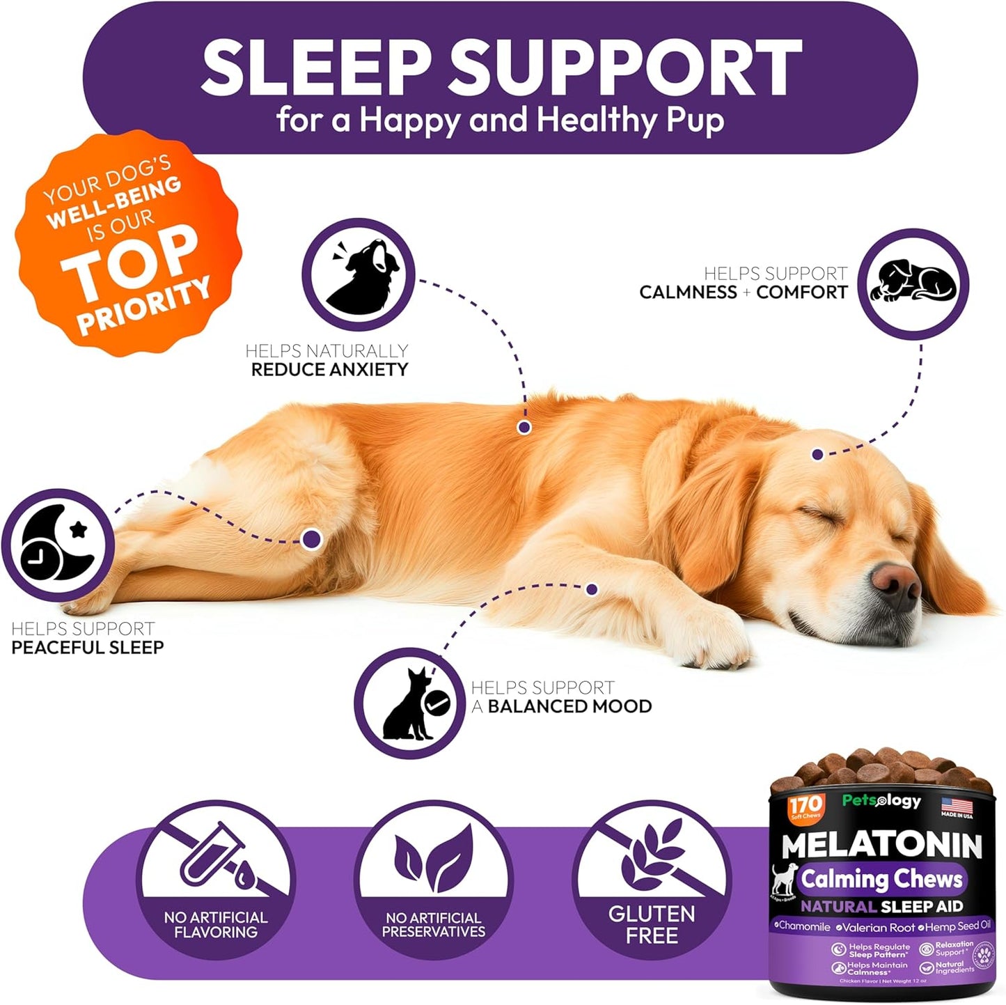 Advanced Melatonin for Dogs - 170 Dog Melatonin Calming Chews for Small and Large Dogs - Natural Hemp Dog Sleep Aid, Puppy Sleeping Pills, Anxiety, Stress, Separation, Barking, Fireworks - Made in USA
