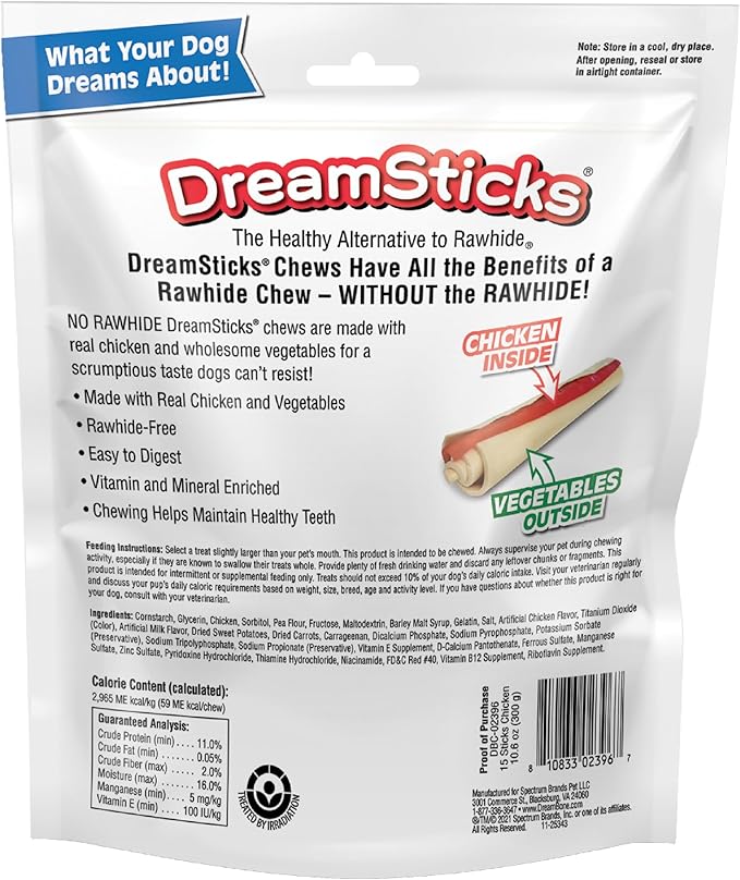 DreamBone DreamSticks With Real Chicken Chews For Dogs, 15 Count, These Easy-to-Digest Rawhide-Free Chews are a Dog’s Favorite Distraction
