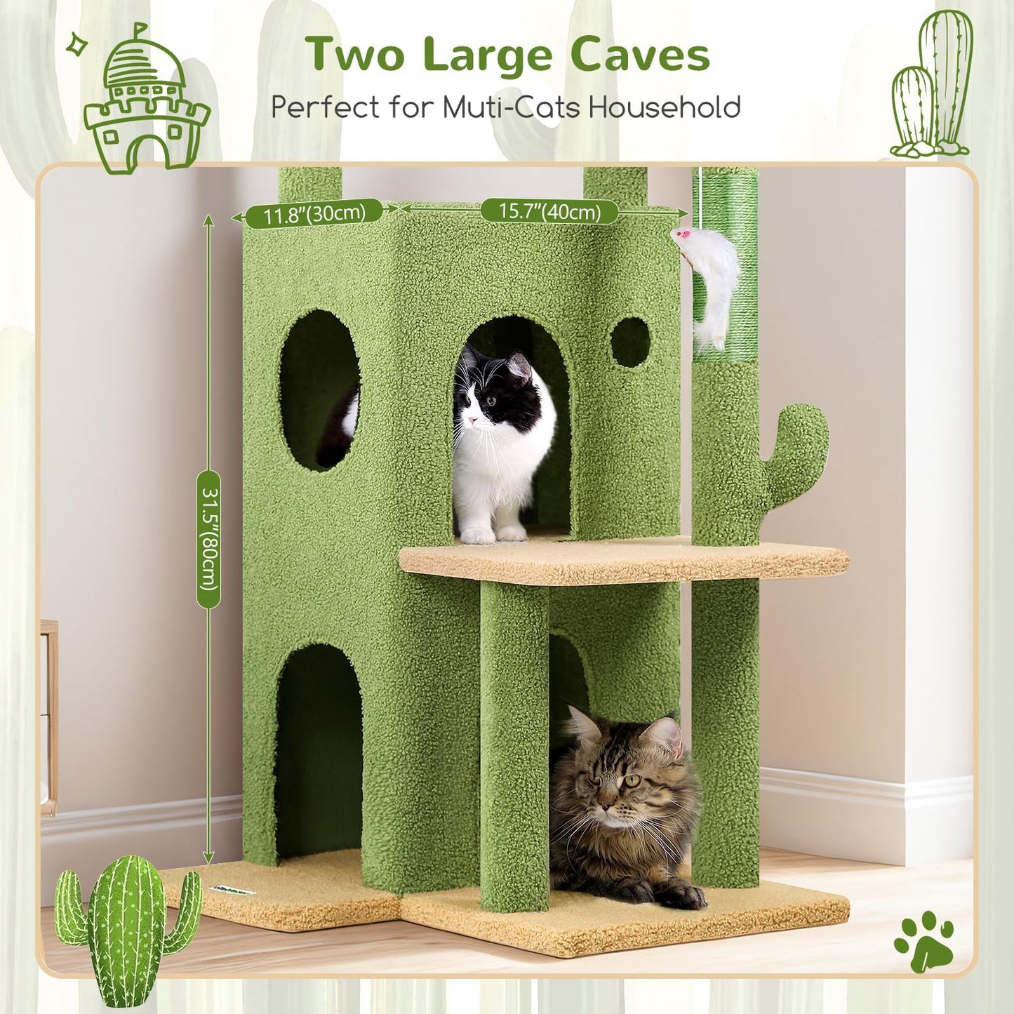 Globlazer Cactus Cat Tree Tower for Indoor Cats, 50-inch Adult Cat Tree House for Large Adult Cats with Steps, Scratching Post, 2 Cat Caves, Dangling Toys, FC50, Green