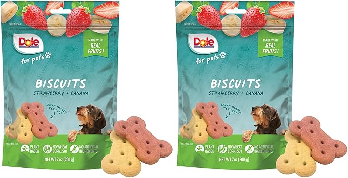 Dole for Pets - Freshly Fetched Banana & Strawberry Dog Biscuits | Real Fruit Flavor | Vegan Crunchy Snacks | No Wheat, Corn, Soy or Artificial Additives, 7oz Pack (Pack of 2)