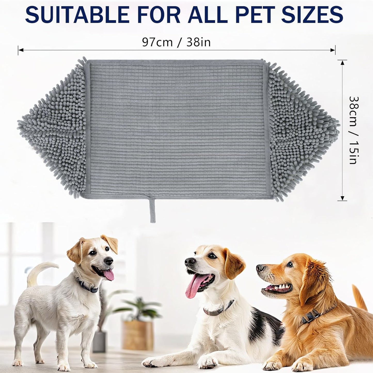 OLANLY Chenille Dog Bath Towel 38x15, Ultra Absorbent Quick Dry Pet Towel, Extra Soft Washable Plush Towel for Large Dogs & Puppies, Indoor Outdoor Use, Grey