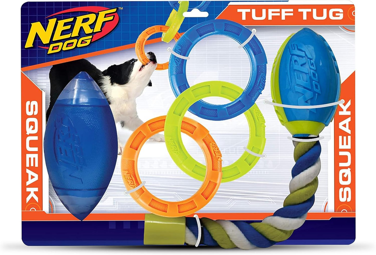 Nerf Dog Toy Gift Set, 3-Piece Set of Outdoor Dog Toys for Tug and Fetch, Includes Classic Squeak Football, 3-Ring Tug and Nitro Blitz Squeak Football