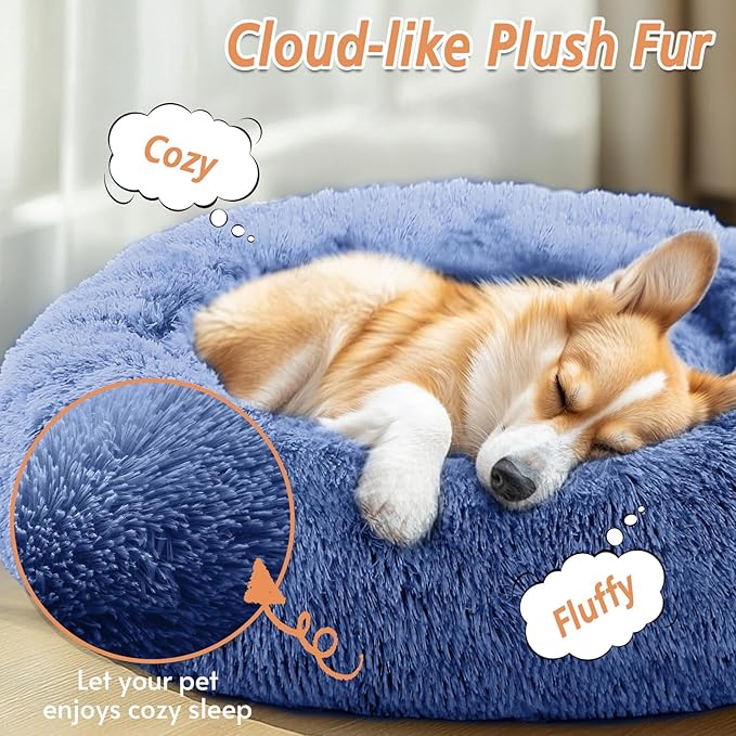 JOLLYVOGUE Calming Dog & Cat Bed for Small Dogs, Anti-Anxiety Donut Cuddler Cozy Soft Round Bed with Anti-Slip Bottom, Fluffy Faux Fur Plush Cushion Beds for Small Medium Pets (20")