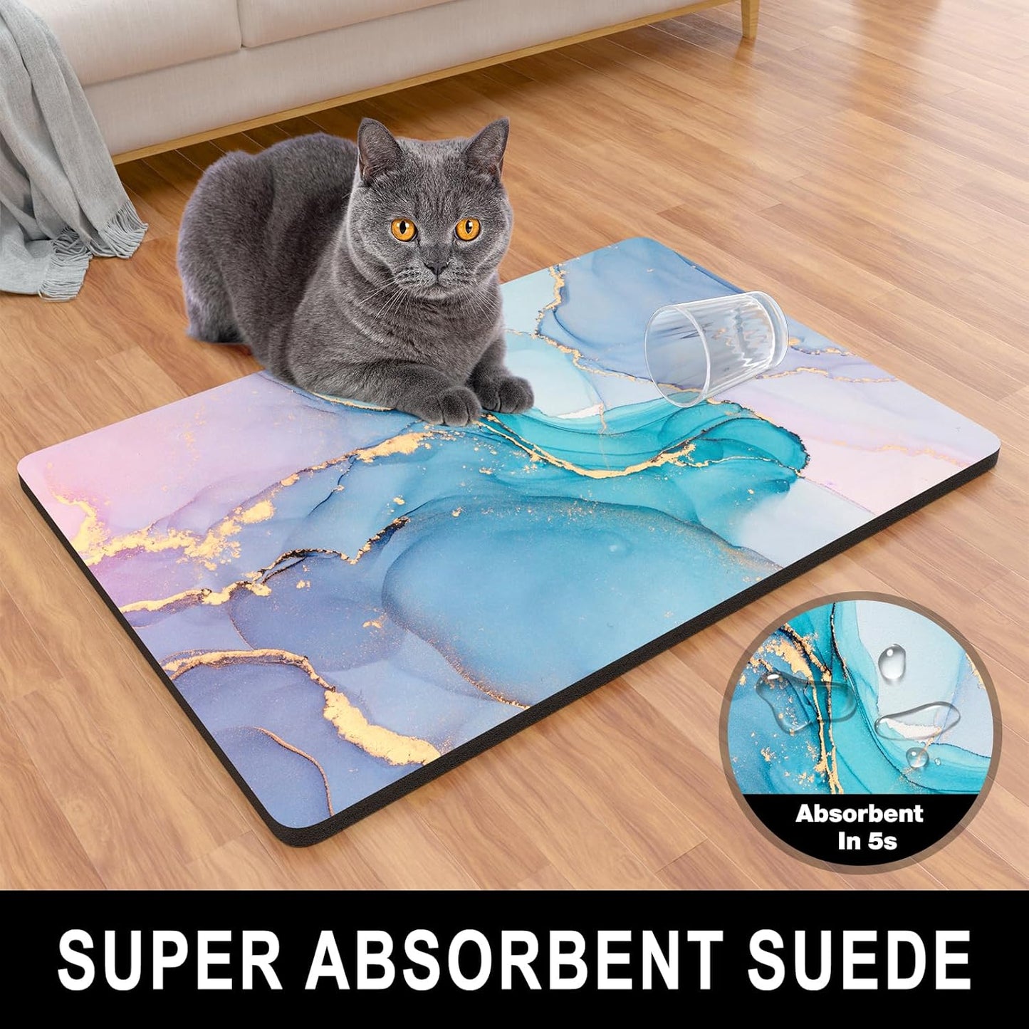 Dog Food Mat, 12" x 19" Marble Absorbent Dog Cat Bowl Mat for Food and Water, Cute Anti-Slip Rubber Pet Feeding Rug Protect Floors, Placemat for Feeding & Watering Supplies, Blue