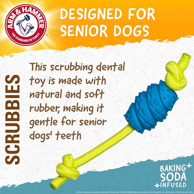 Arm & Hammer for Pets Scrubbies Senior Treat N' Tug Dental Chew Toy Infused with Baking Soda - Gentle Dog Toy for Senior Dogs - Interactive and Durable Chew Toy for Older Dogs