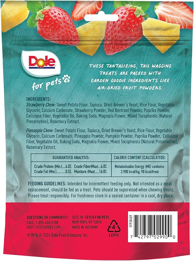 Dole for Pets Freshly Fetched Dog Chews, Strawberry & Pineapple Flavor Dog Treats | Flavored with Real Fruits, No Wheat, Corn, Soy, Artificial Flavors, Colors, or Preservatives, 7 Ounce - 6 Pack