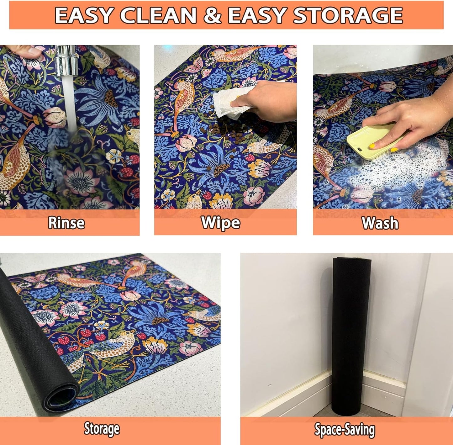 Pet Feeding Mat for Dogs and Cats - Super Absorbent Anti-Slip Bowl Pad, Eco-Friendly Washable Mat to Prevent Spills and Mess Retro Bird Mat 16"x24"