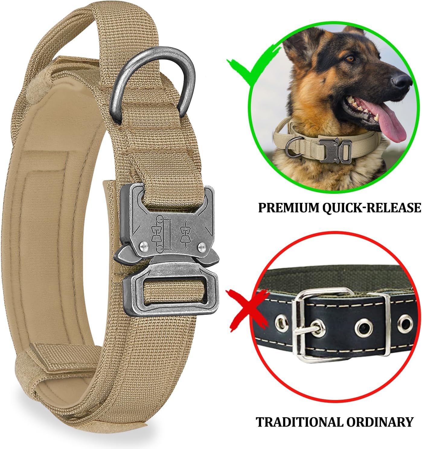 COOYOO Dog Collar,3 Piece Set Tactical Dog Collars, Adjustable Military Training Nylon Dog Collar with Control Handle and Heavy Metal Buckle for Medium and Large Dogs