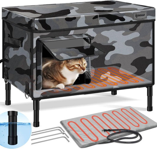IPOW Extra Large Heated Cat House for Outside 6 Layers Ultra Sturdy Cat Houses for Outdoor Cats, 100% Waterproof with 900D Oxford Fabric & Fully Insulated Weatherproof Heated Plush Pad