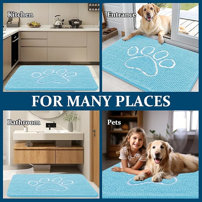 OLANLY Door Mat for Muddy Dog Paws 24x16, Ultra Absorbent Chenille Mud Doormat with Paw Print Design, Non-Slip Washable Doormat for Indoor Entryway, Quick-Dry Pet Bed Mats for Dirty Dogs, Blue