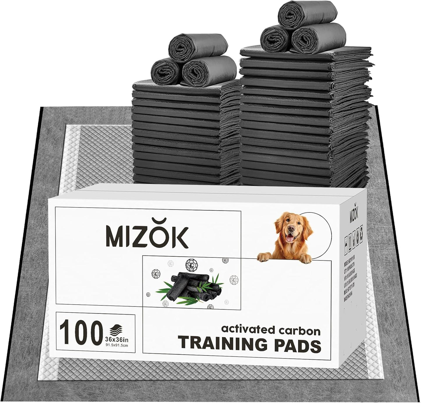 MIZOK Charcoal Dog Pee Pads Activated Carbon 36x36in Dog Pads Odor Control Up to 11 Cups of Liquid Super Absorption Pee Pads for Dogs Quick Dry & Leak-Proof Puppy Pads (100 Counts)
