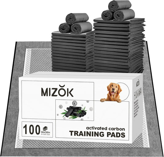 MIZOK Charcoal Dog Pee Pads Activated Carbon 36x36in Dog Pads Odor Control Up to 11 Cups of Liquid Super Absorption Pee Pads for Dogs Quick Dry & Leak-Proof Puppy Pads (100 Counts)