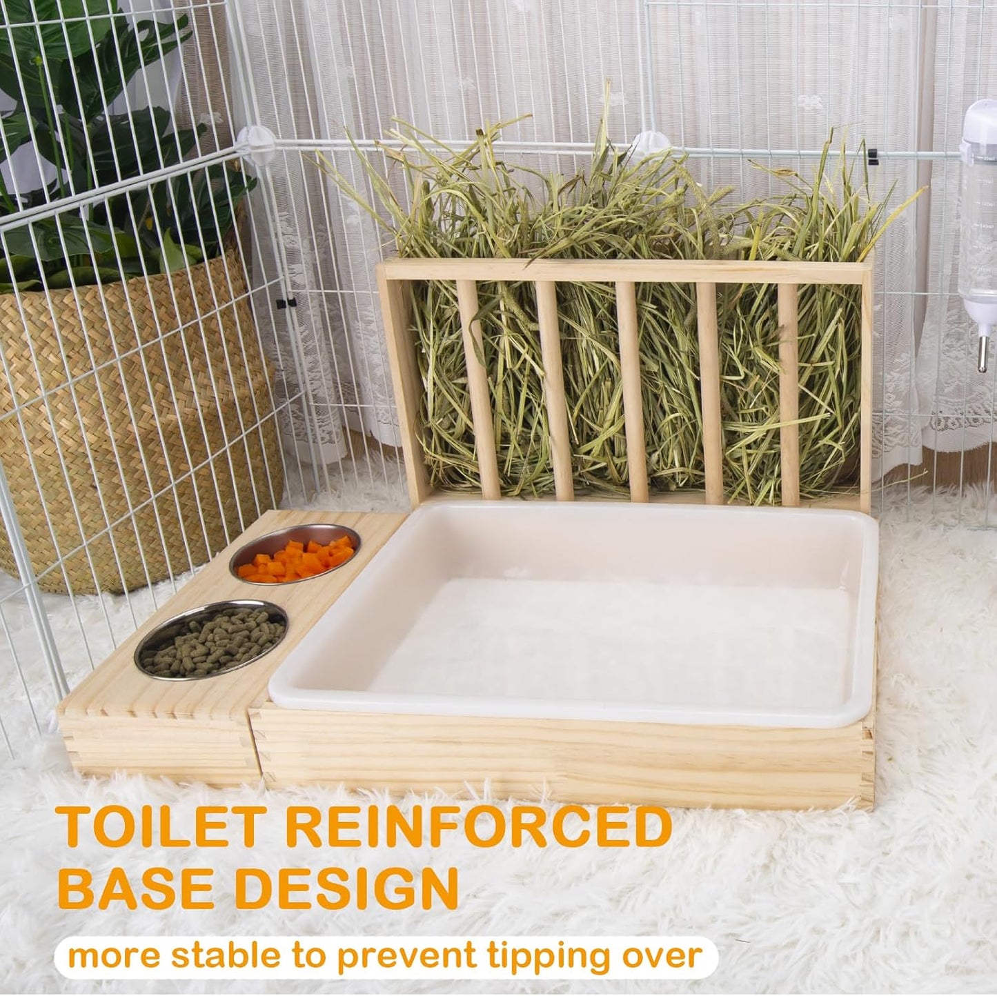 3 in 1 Rabbit Hay Feeder with Litter Box,Wooden Hay Feeder with 2 Bowls & Litter Box for Guinea Pig Chinchilla Bunny Other Small Animals,Large Capacity & Preventing Waste