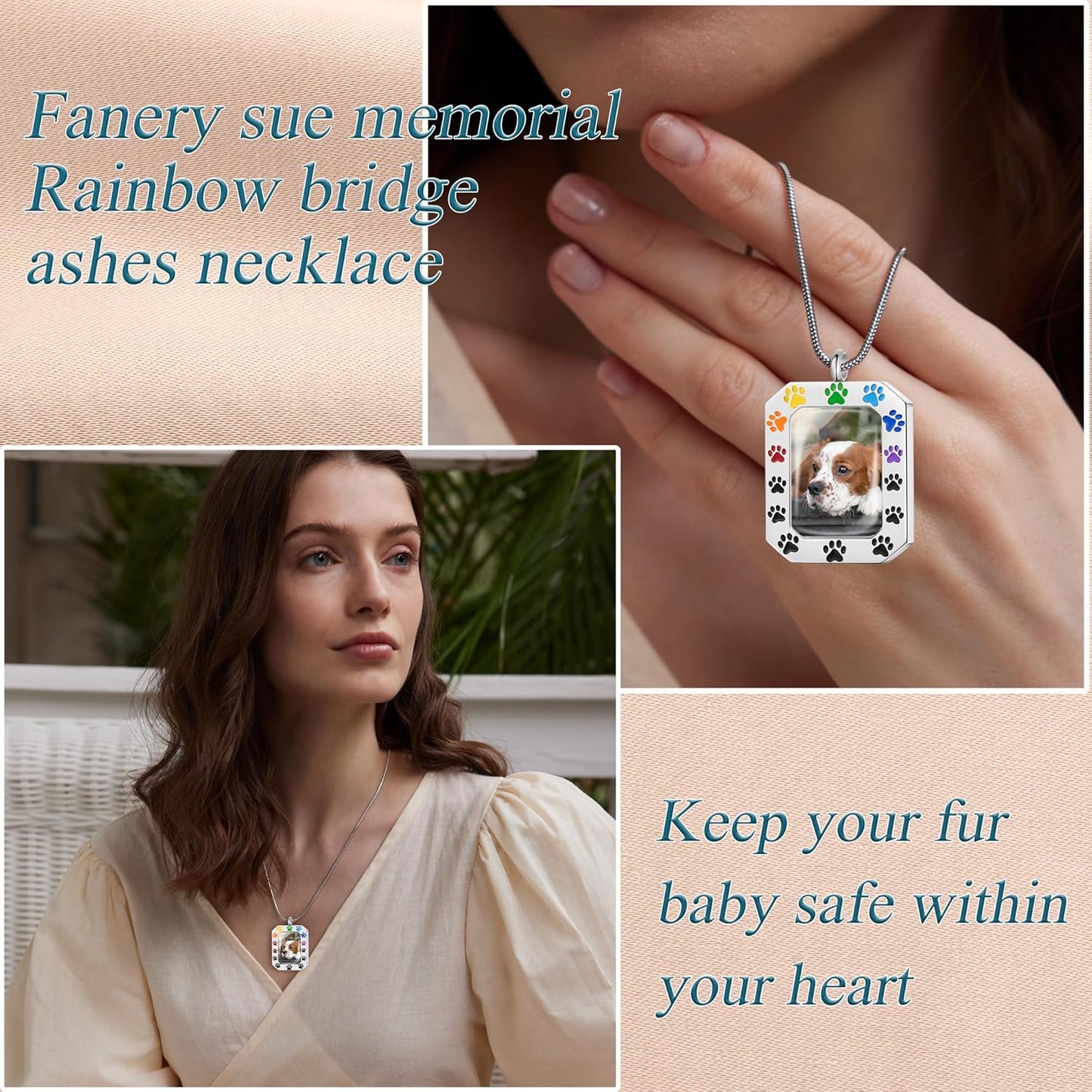 Fanery Sue Personalized Pet Ashes Necklace for Dog Cat Custom Photo&Text Pet Loss Sympathy Gift Cremation Jewelry