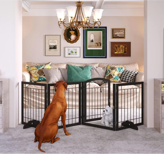 JSB 96-inch Extra Wide 30-inch Tall Dog gate with Door Walk Through, Freestanding Pet Gate for Halls, Stairs & Home, Pet Puppy Safety Dog Fence with 2PCS Support Feet (Black)