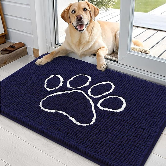 OLANLY Door Mat for Muddy Dog Paws 36x24, Ultra Absorbent Chenille Mud Doormat with Paw Print Design, Non-Slip Washable Doormat for Indoor Entryway, Quick-Dry Pet Bed Mats for Dirty Dogs, Navy Blue