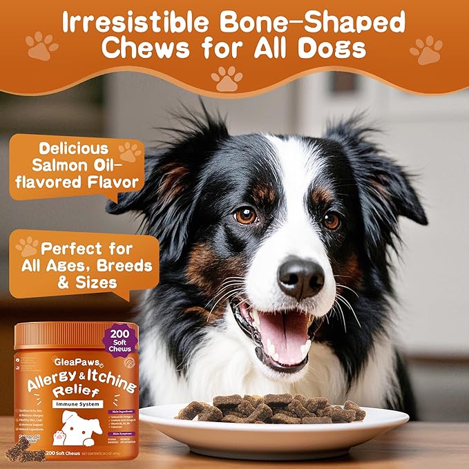 Dog Allergy & Itch Relief Supplement - Salmon Oil Omega-3, Omega-6, Vitamin B1/B2/B6, Colostrum Probiotics for Seasonal Allergy, Hot Spots, Paw Licking, 200 Chews, Store in Dry Place [Upgraded]