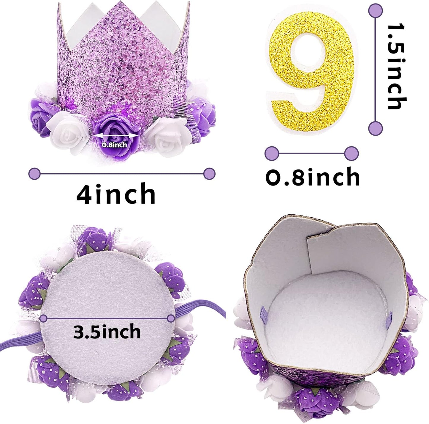 PET SHOW Purple Crown Dog Birthday Party Hat for Girls Reusable Party Supplies Cat Kitten Headband with 0-9 Figures Charms Costume Accessories with Glue