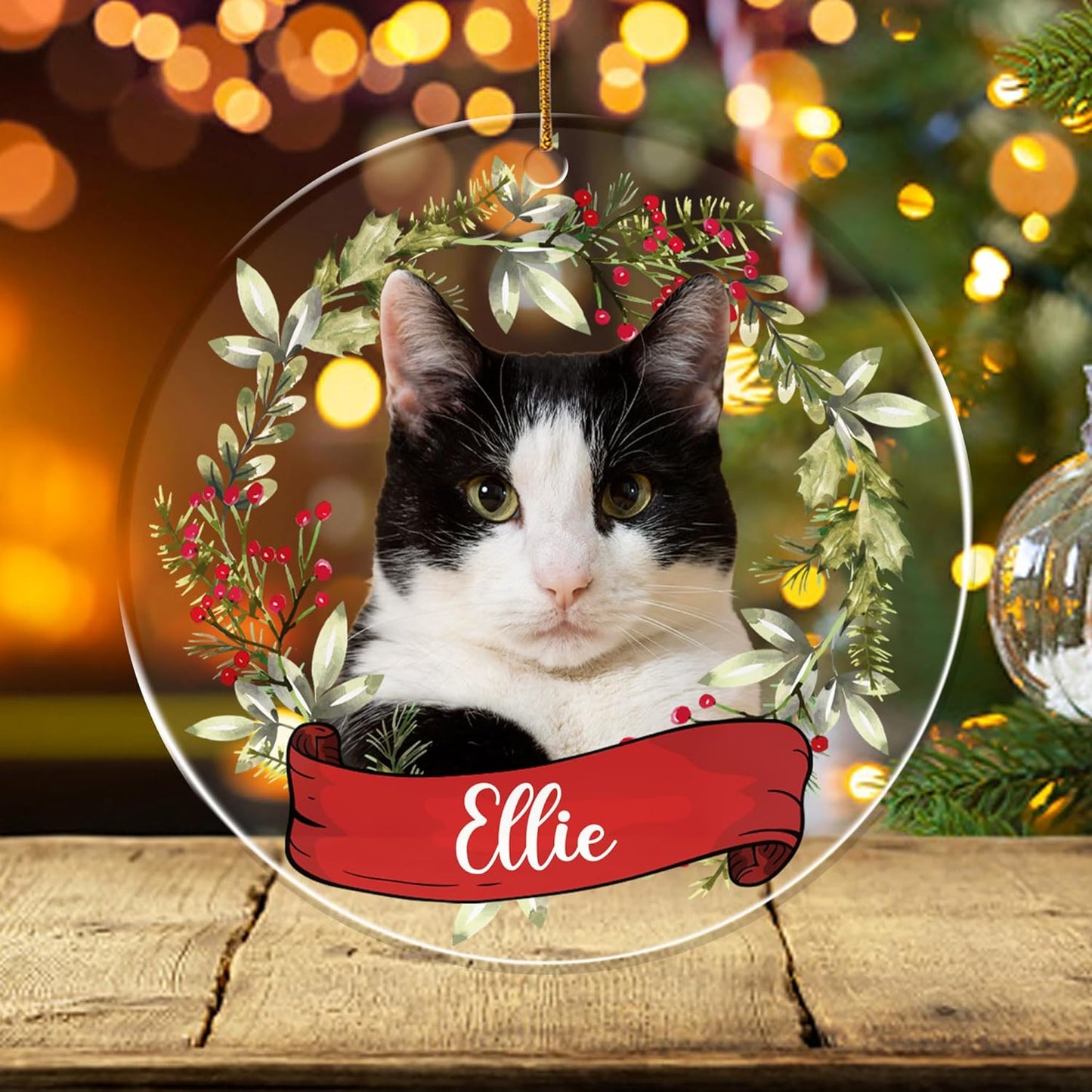 FLOCHIL Personalized Cat Christmas Ornaments Custom Photo Name for Christmas Trees, Cat First Christmas Ornaments, Gifts for Pet Lovers Acrylic Ornament