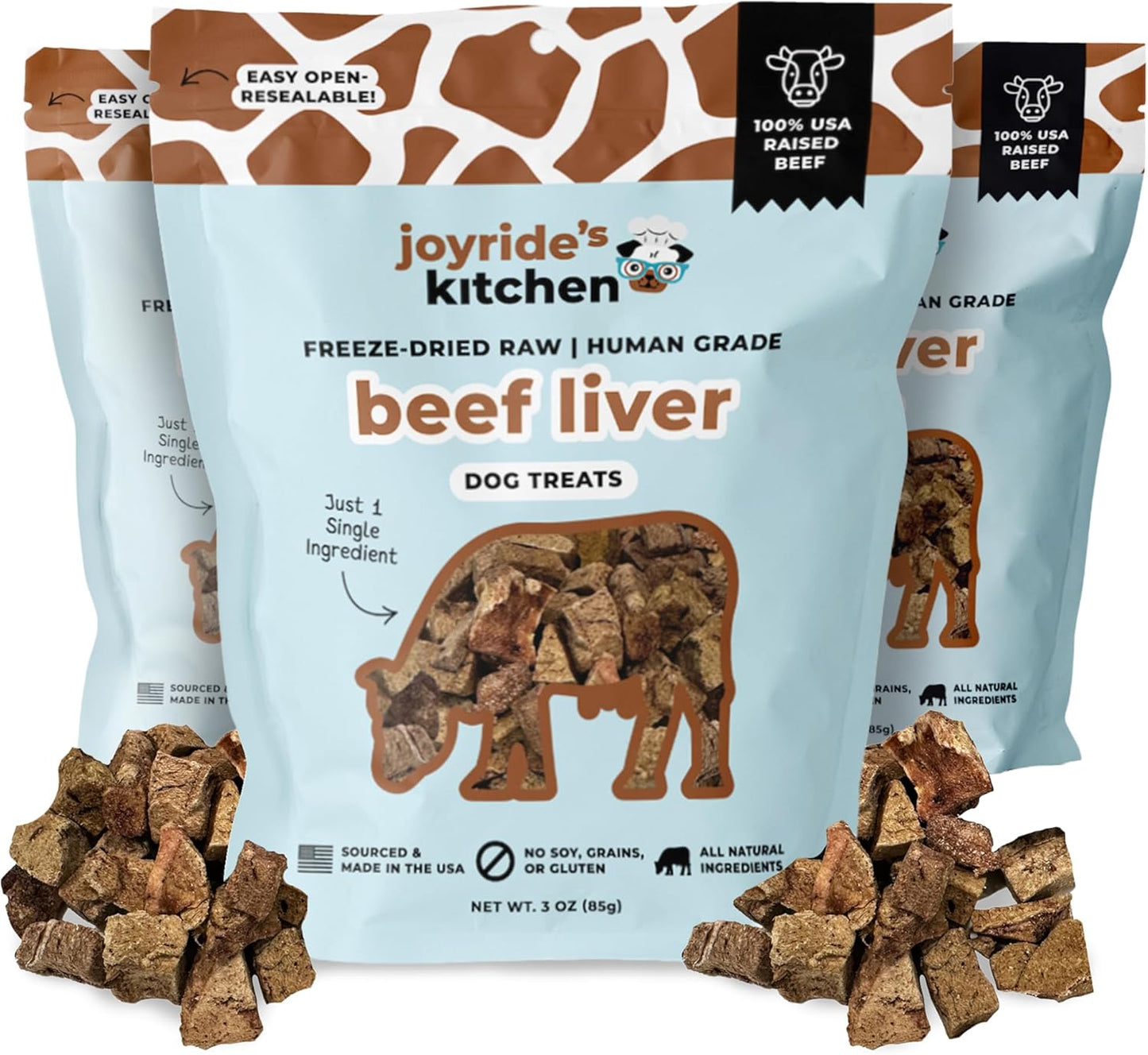 Joyride's Kitchen Freeze-Dried Beef Liver Dog Treats, Single Ingredient, All-Natural, Protein-Rich Dog Training Treats, Made in USA - Perfect for Picky Eaters, Supports Rescue Dogs, Pack of 3