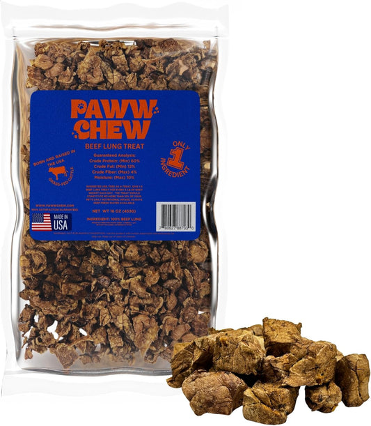 PAWW CHEW Beef Lung Dog Treats, 100% Natural, Single Ingredient, (1 Pound) Made in The USA, Dried & Dehydrated, High Protein, High Value Dog Training Treats, Grain Free, Low-Odor Free for All Breeds