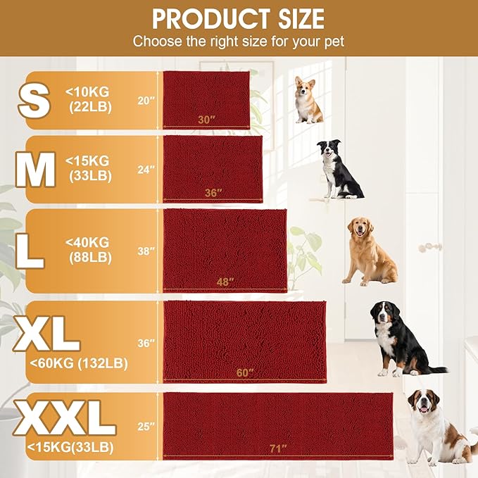 Extra Large Dog Door Mats for Muddy Paws, Chenille Absorbent Dog Mats, Non Slip Heavy Mud Mat for Dogs, Soft Pet Mat for Entryway, Mud Paws, Inside Floor,71" x 25", Red