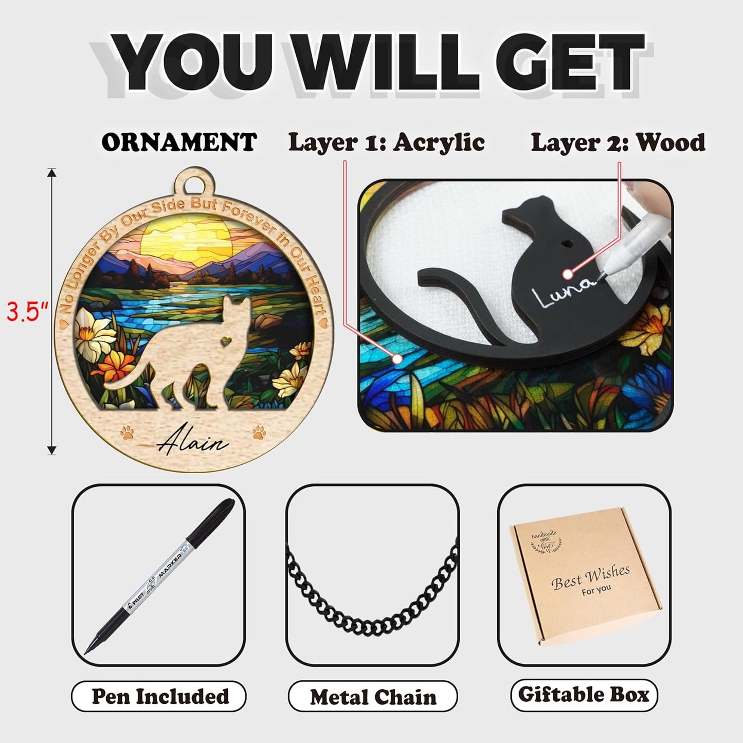 Cat Memorial Ornaments, Christmas Xmas Tree Ornament Window Hanging Car Sympathy Gift for Loss of Pet Bereavement Keepsake Remembrance Gifts for Cat Lovers Holiday Decoration PO235