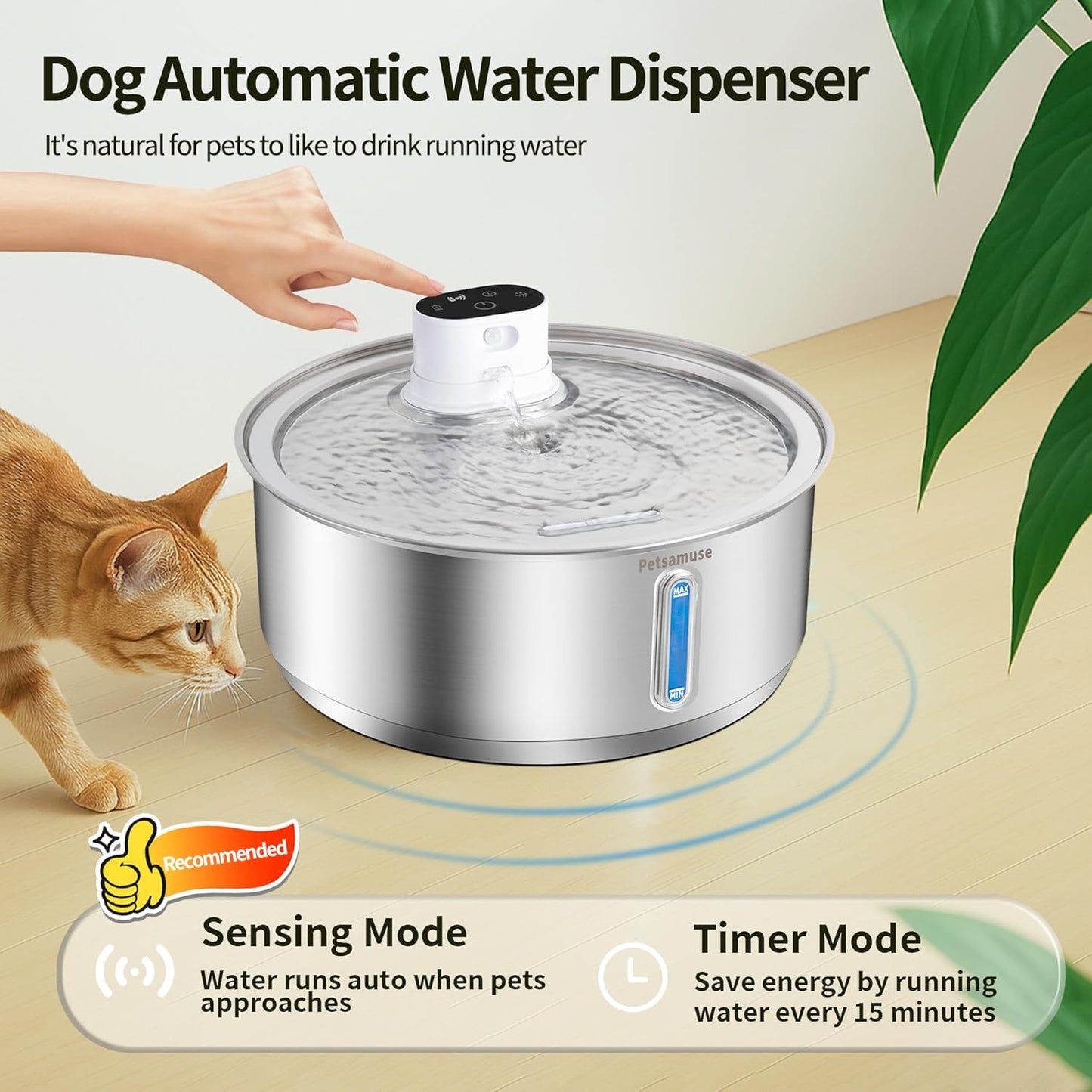 Stainless Steel Large Dog Water Fountain, 2.1Gal/8L Wireless Battery Operated Large Dog Water Bowl Dispenser Motion Sensor Water Fountain Bowl Inside with 13 Filters and 2 Ultra Quiet Pumps