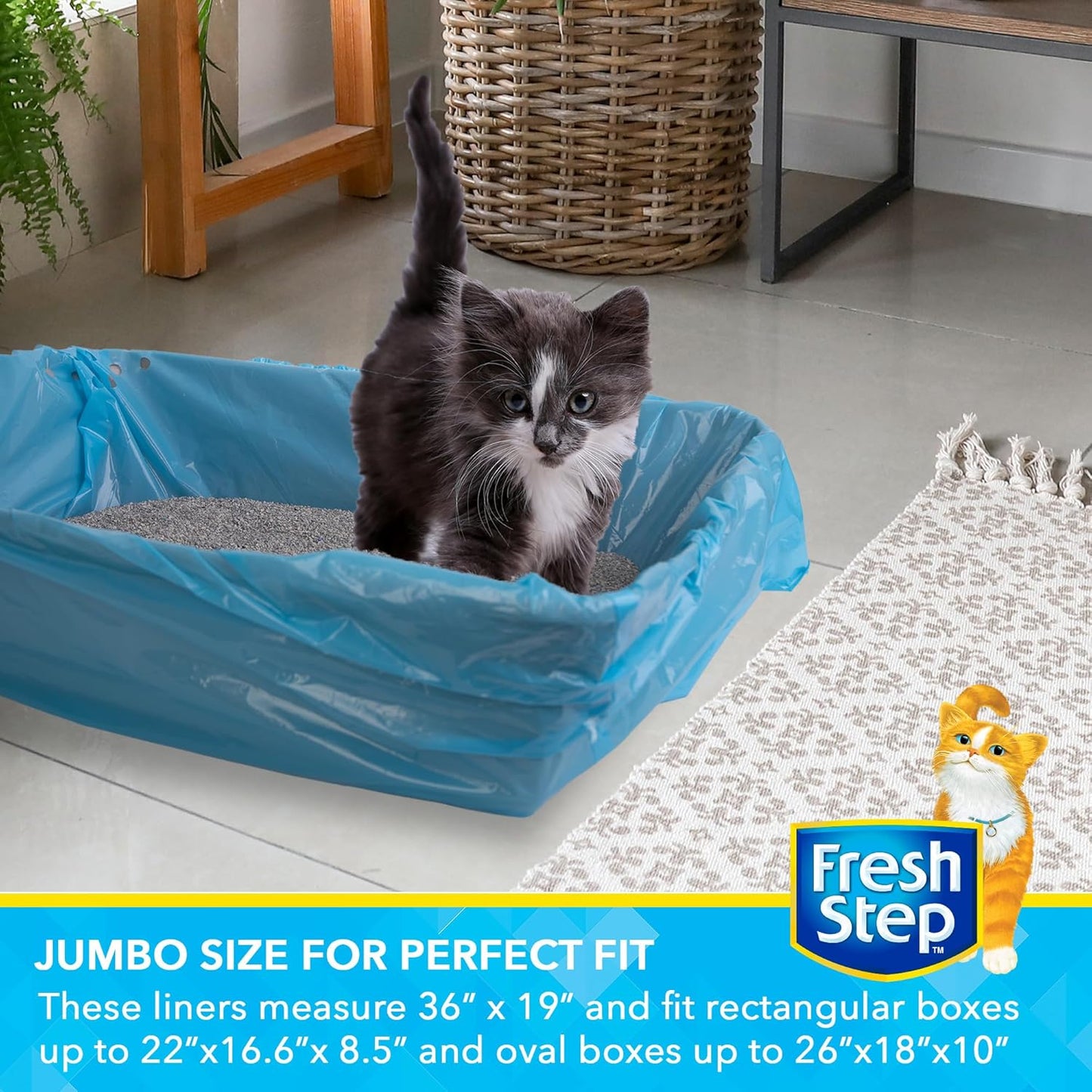 Fresh Step Drawstring Cat Litter Box Liners, Fresh Scent - Kitty Litter Bags for Rectangle or Oval Large Litterboxes, Size Jumbo, 36" x 19" - 7 Count